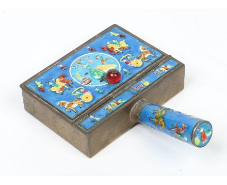 An early 20th century Continental enamelled cigarette box with handle and hinged lid. Blue ground and decorated with chinoise