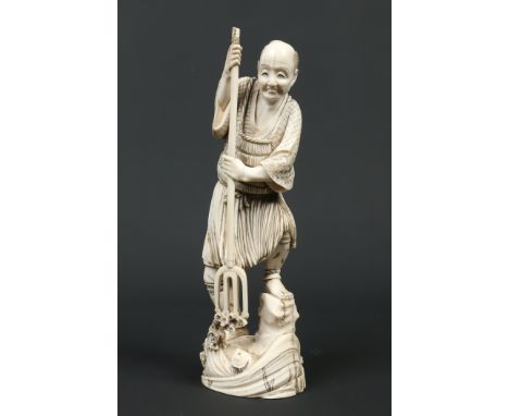 A Japanese Meiji period carved ivory figural okimono. Formed as a fisherman stood over a wave and spearing a fish with a four