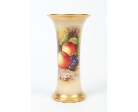 A Royal Worcester vase of cylindrical tapering form by Harry Ayrton. With blush gilding and painted with apples, blackberries