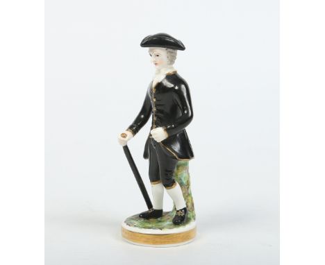 A 19th century Derby figure of Dr Syntax, wearing a tricorn hat and long overcoat with a walking cane and raised on a circula