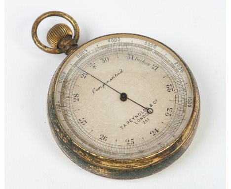 A lacquered brass compensated pocket barometer by makers T. Reynolds & Co. London, numbered 255. With silvered dial and adjus