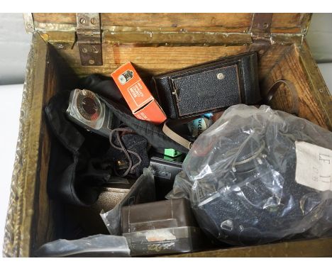 Quantity of Vintage Cameras and Accessories, Enclosed in a Brass Coal Box
