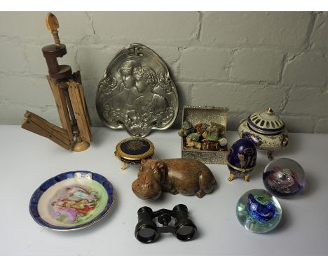 Box of Decorative Items, To include an Art Nouveau style Plaque, Polished Stone Figure of a Hippo, Patch Boxes etc