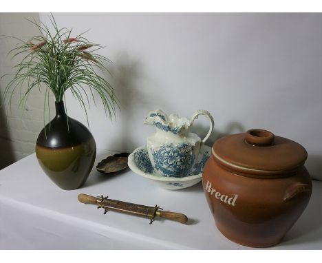 Mixed Lot of Sundry Pottery, To include a Ewer and Basin, Teracotta Bread Bin, Carlton Ware Dish and Cottage, Stoneware Vase 