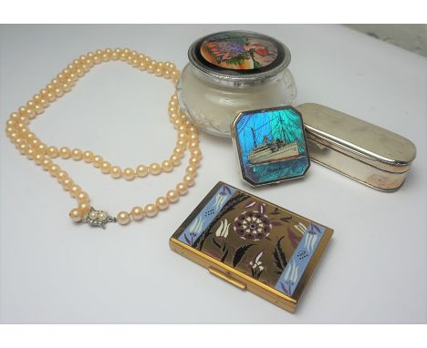 Two Compacts, One marked Atlantis, With a Powder Jar, Faux Pearls and Trinket Box, (5)&nbsp;