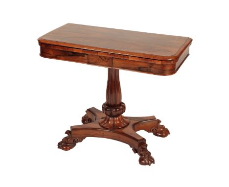 GEORGE IV OR WILLIAM IV ROSEWOOD CARD TABLEcirca 1830, the hinged rectangular top with moulded edge, opening to a later blue 