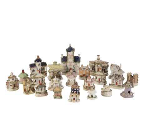 COLLECTION OF VICTORIAN STAFFORDSHIRE PASTILLE BURNERS of typical architectural form, of varying colours and sizes