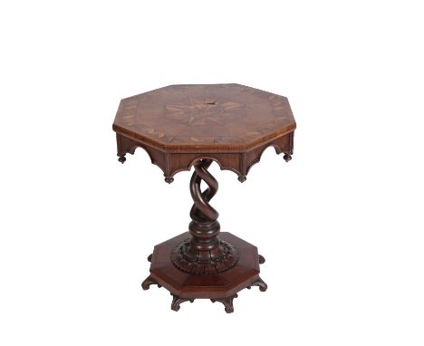 VICTORIAN OAK OCTAGONAL OCCASIONAL TABLE in Gothic style, the top inlaid with a marquetry architectural vignette within satin