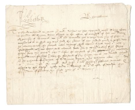 ELIZABETH IWarrant signed ('Elizabeth R') at head and headed 'By the Queene',  to Valentyne Browne, Treasurer of Berwick, app