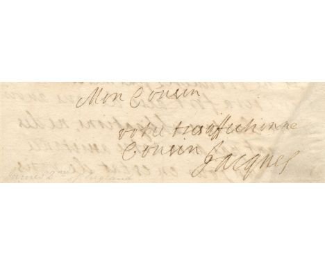 JAMES IIAutograph letter signed as Duke of York ('Votre tres affectionne cousin Jacques'), to 'Mon Cousin' [probably Louis XI