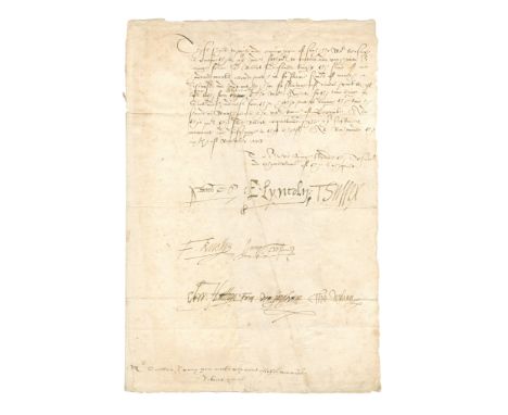 ELIZABETH I - PRIVY COUNCIL &amp; WALSINGHAMDocument signed by eight members of Queen Elizabeth's Privy Council,  Sir Nichola