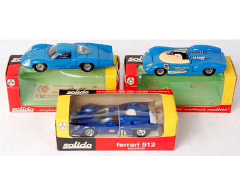 Solido, window boxed group to include; No.197 Ferrari 512 'Sunoco' in metallic blue, with unused transfer sheet (VG-M,BVG), N