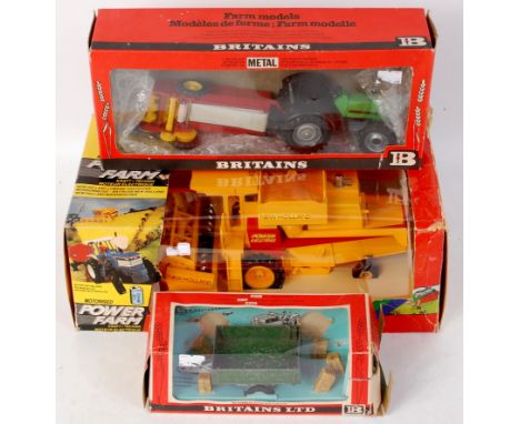 Britains, boxed farming group to include; 9322 Power Farm  New Holland combine harvester, box has tape repair (VG,BG), No.956