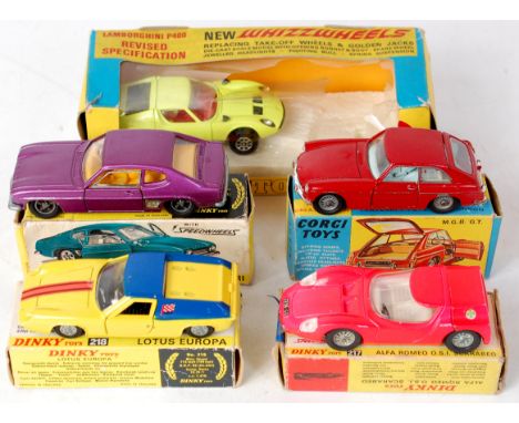 Dinky Toys and Corgi toys boxed playworn group to include No. 165 Ford Capri, in metallic purple with yellow interior (G-BFG)