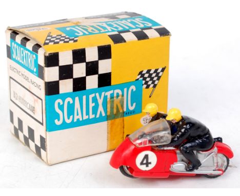 Scalextric, B/2 Hurricane motorcycle and sidecar, red with silver detailed engine, racing number 4, and yellow crash helmets,