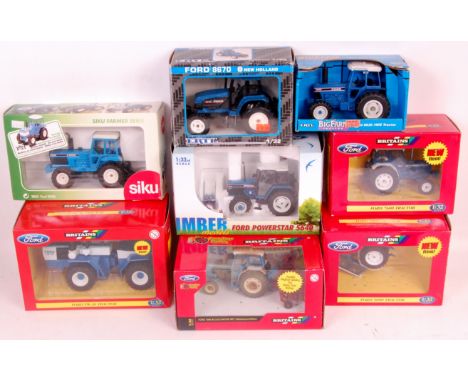 Britains, ERTL and IMBER models 1/32nd scale Ford and New Holland boxed tractor group, 8 examples, to include Britains Ford F