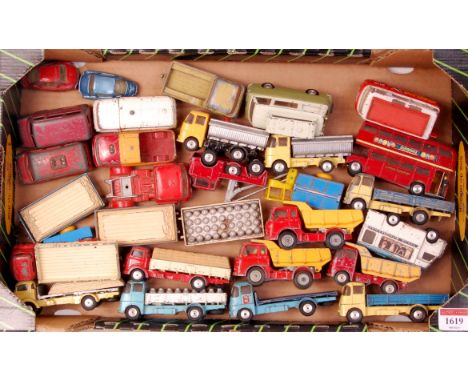 30+ assorted playworn Corgi Toys in varying conditions, to include Smiths Mobile Butcher shop karrier van, Commer bus 2500 se