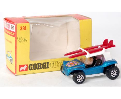 Corgi, 381, GP beach buggy, metallic blue and white body, 2 maroon surfboards, whizzwheels with flower transfer to bonnet, in