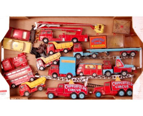 14 assorted playworn Corgi Toys, to include Chipperfields circus examples, examples include menagerie cage truck, booking off