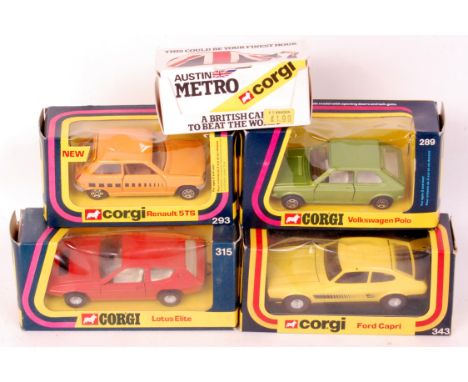 Corgi Toys, black and yellow window boxed diecast saloon group to include; No.289 Volkswagen Polo in metallic lime green (NM-