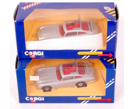 Corgi Toys, C271/1 James Bond Aston Martin diecast group, 2 examples, both with silver body with red interior, 2 bandit figur