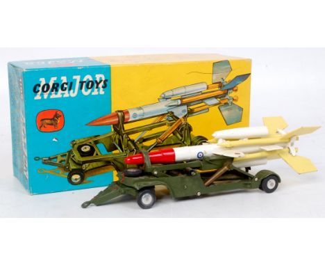 Corgi Toys, 1109 Bristol Bloodhound guided missile loading trolley, dark green trolley with flat spun hubs, white and yellow 