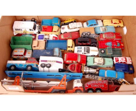 30+ mixed issue playworn Corgi Toys, some examples repainted to include; Tri-deck car transporter, Chipperfield Circus crane 