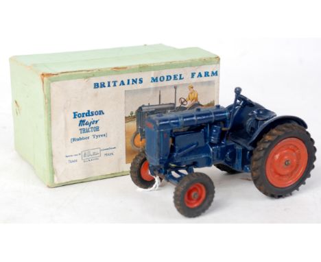 Britains, 128F Fordson Major tractor, without driver, missing exhaust, dark blue body with orange wheels and black rubber tyr