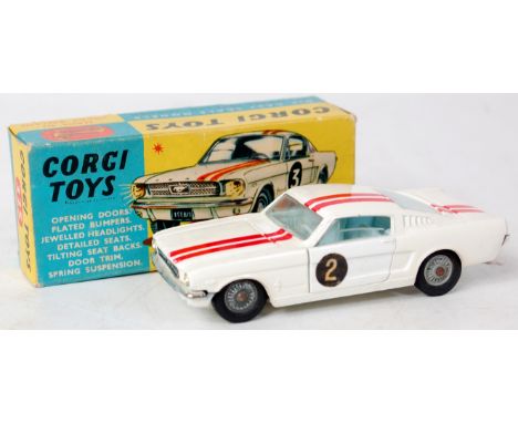 Corgi, 325, Ford Mustang competition fastback, white body with double red stripe on bonnet, roof and boot, blue interior, jew