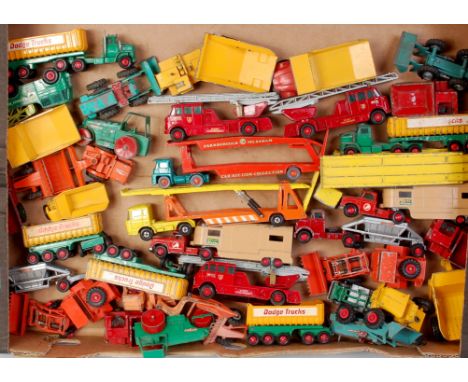 Two trays of playworn Matchbox Kingsize, Superking and 1-75 series diecasts, 60+ examples to include; Dodge Trucks tractor un