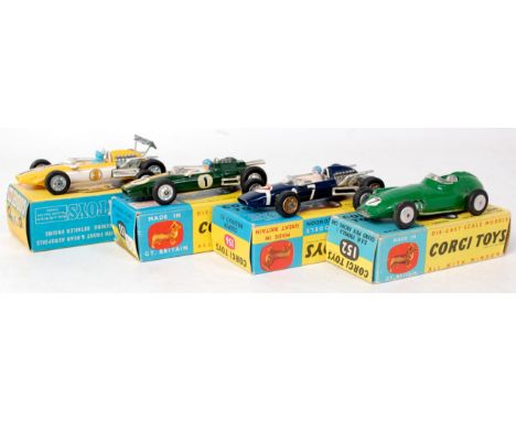 Corgi Toys Formula 1 boxed diecast group to include No 152 BRM racing car, dark green with racing number 7, steering wheel A/