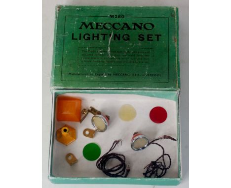Meccano, M280 lighting set comprising of two spot-lights with clear and coloured imitation glass discs, two brackets, one sta