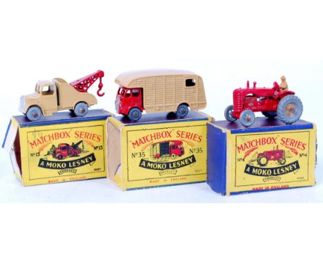 Matchbox, regular wheels boxed group, all boxes are a/f with end flaps missing, to include; 35A Marshall horse box, red and b