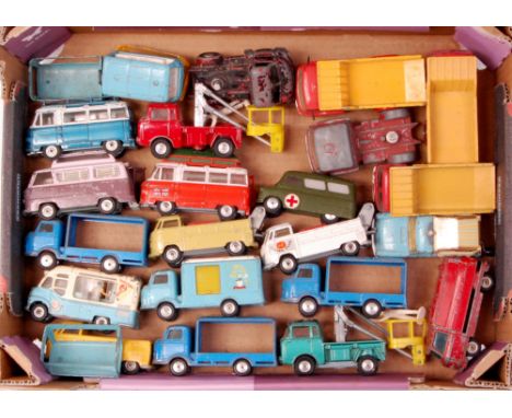 20+ assorted playworn Corgi Toys, some examples repainted to include drive safely on milk karrier bantam, Racing Club VW brea