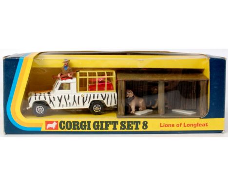 Corgi Toys, gift set 8, Lions of Longleat, comprising of Land Rover, Keeper, 3 Lions, plastic den and 3 joints of meat, in th