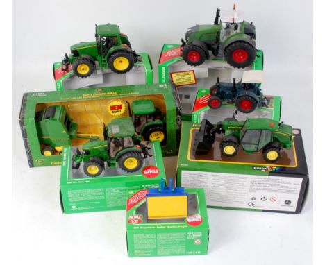 Siku, Britains and ERTL 1/32nd scale tractor and farming implement group, all examples are with original boxes, models have b