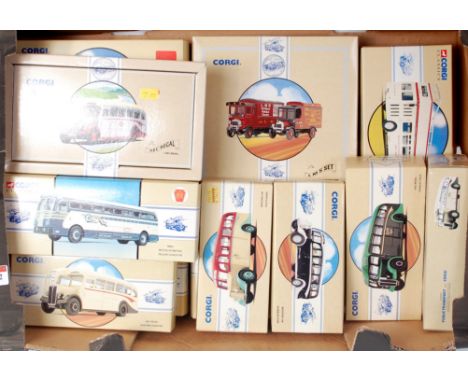 13 boxed Corgi Classics, all appear as issued to include Battle of Britain yellow coach 743, Tolly Cobbold Trolleybus, AEC Re