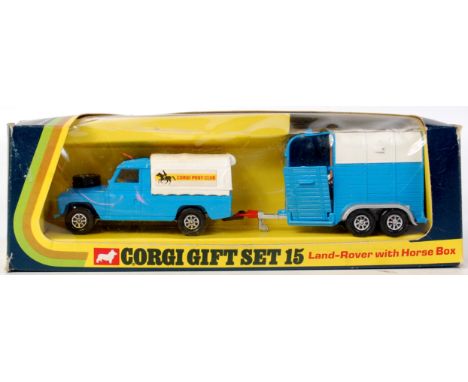 Corgi Toys, gift set 15, Land Rover with Horse Box, comprising of the blue Land Rover with the white canopy, matching trailer