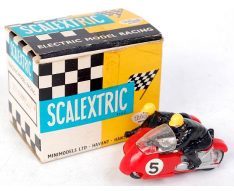 Scalextric B/2 'Hurricane' motorcycle and side car, red with silver detailed engine, racing number 5 and yellow crash helmets