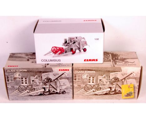 Universal Hobbies, 1/32nd scale 'Claas' combine harvester group, 3 boxed examples to include; 1958 Claas Europa combine No.25