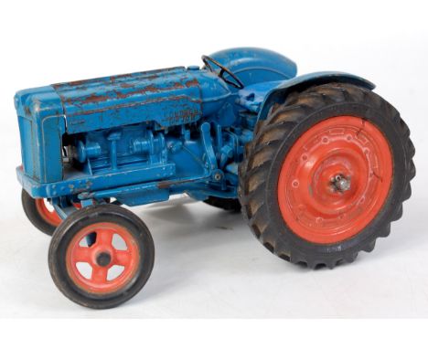 Chad Valley, large scale diecast Fordson Major tractor, blue body with orange wheels, rubber tyres, tinplate engine cover, mo