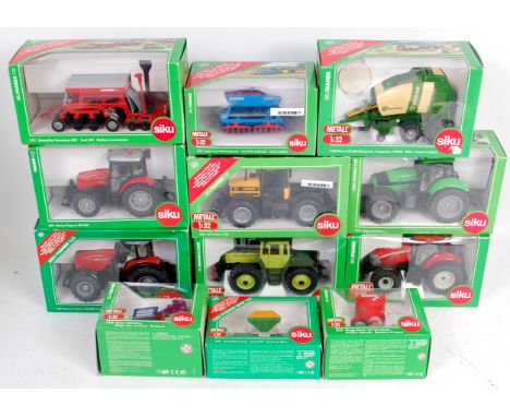 12 boxed Siku 1/32nd scale diecast tractor and farming implements, all in original window boxes, mixed example by Massey Ferg