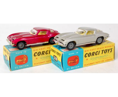 Corgi, 310, Chevrolet Corvette Stingray, metallic cerise body with lemon interior and wire wheels, in the original all card b