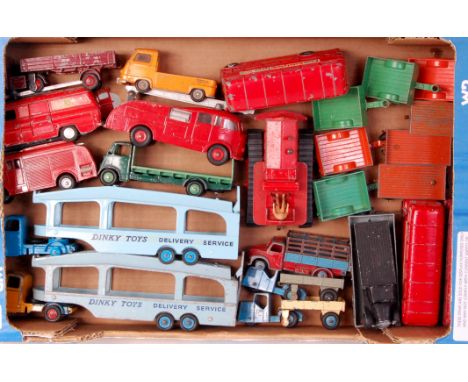 25 assorted playworn and repainted Dinky Toy diecasts, to include; repainted Pullmore car transporter, Guy flat truck, 25 ser