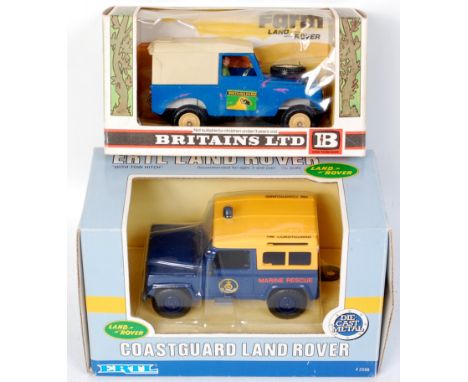 Britains and ERTL, 1/32nd scale boxed Land Rover group to include; Britains 9571 farm Land Rover, in blue with white canopy, 