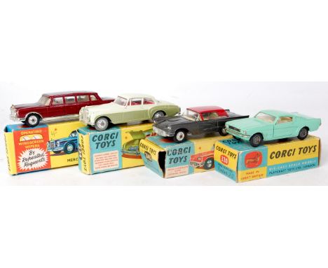 Corgi, boxed playworn group to include 224, Bentley continental, two tone green body with red interior (G-BF), 214S Ford Thun