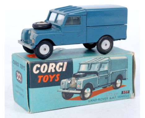 Corgi Toys, 351 Land Rover RAF vehicle, RAF blue body and canopy with flat spun hubs, black tyres, RAF roundel sticker to fro