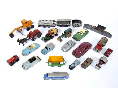 A collection of tin plate and diecast vehicles  to include a Minic Toys refuse wagon, a Minic Watneys red barrel ale wagon, f
