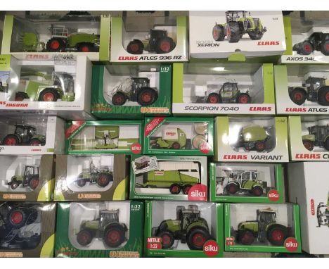 A collection of Siku and Universal Hobbies 1:32 scale Claas tractors and other vehicles and implements (22)Condition report: 
