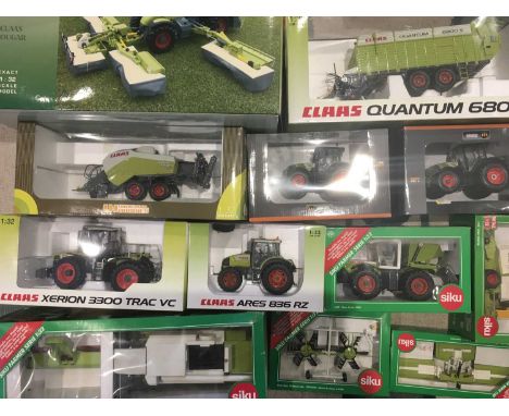 Universal Hobbies and Siku 1:32 scale models of Claas tractors and other farm machinery and trailers twelve re-boxed, seven u